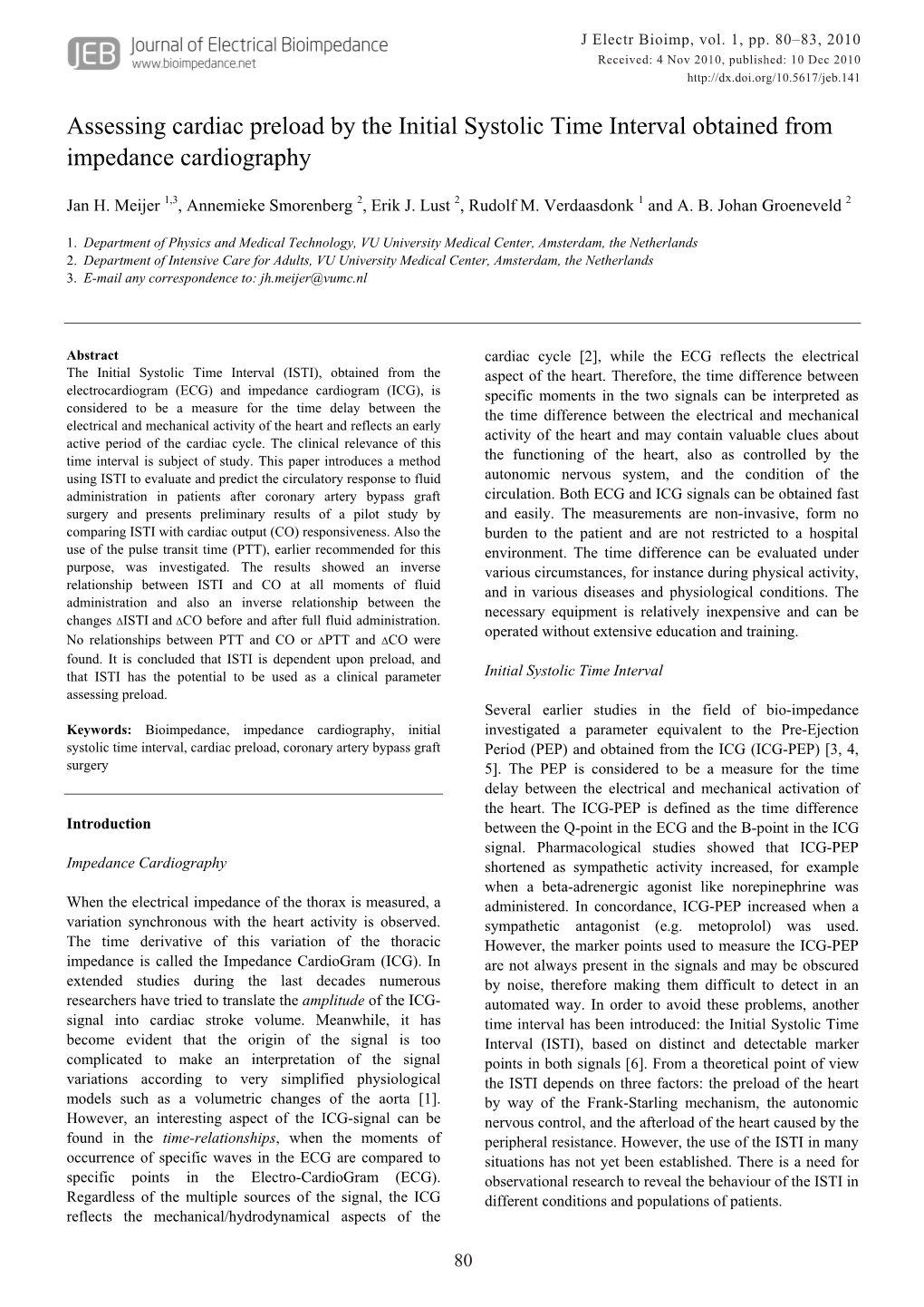 Assessing Cardiac Preload by the Initial Systolic Time Interval Obtained from Impedance Cardiography