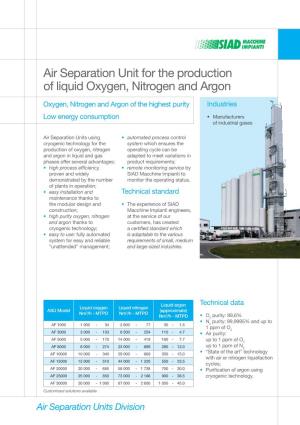 Air Separation Unit for the Production of Liquid Oxygen, Nitrogen and Argon