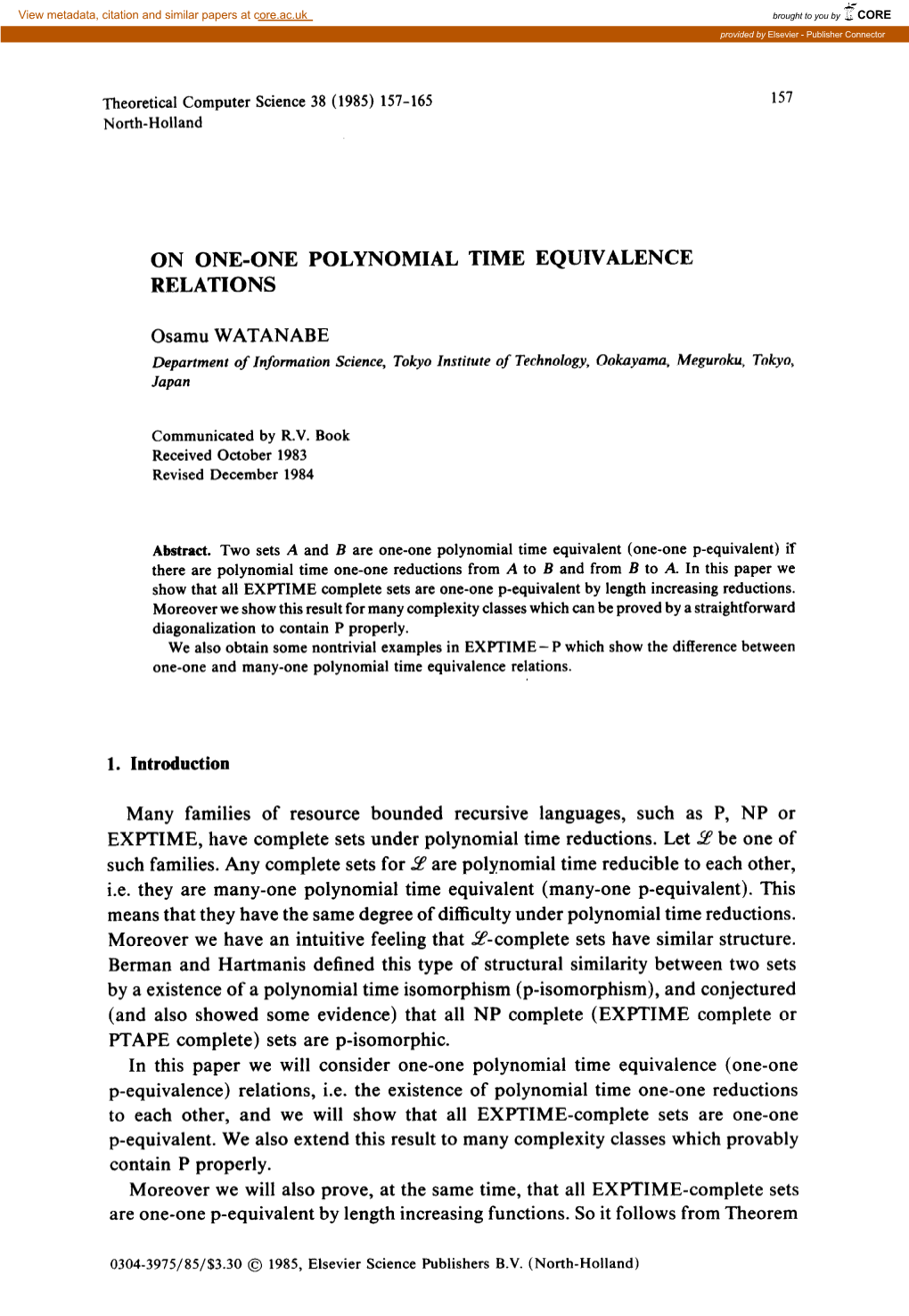 On One-One Polynomial Time Equivalence Relations