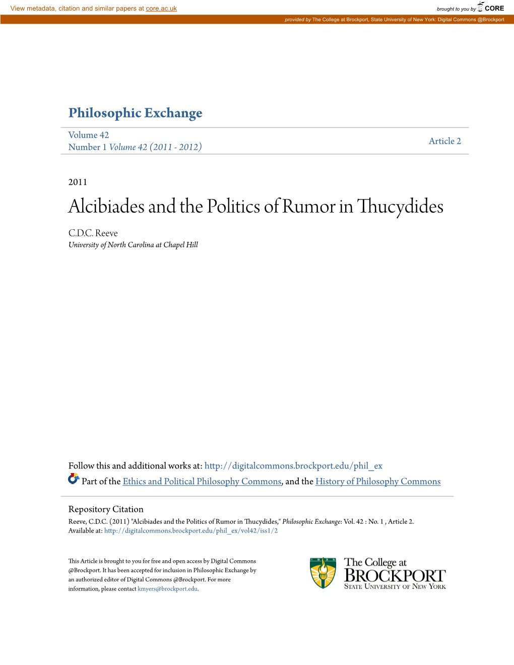 Alcibiades and the Politics of Rumor in Thucydides C.D.C