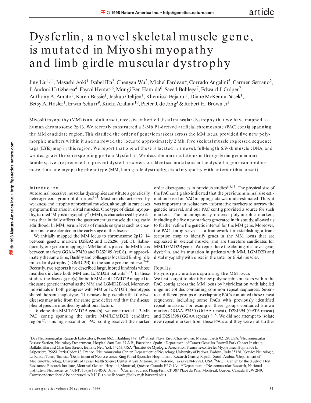 Dysferlin, a Novel Skeletal Muscle Gene, Is Mutated in Miyoshi Myopathy and Limb Girdle Muscular Dystrophy