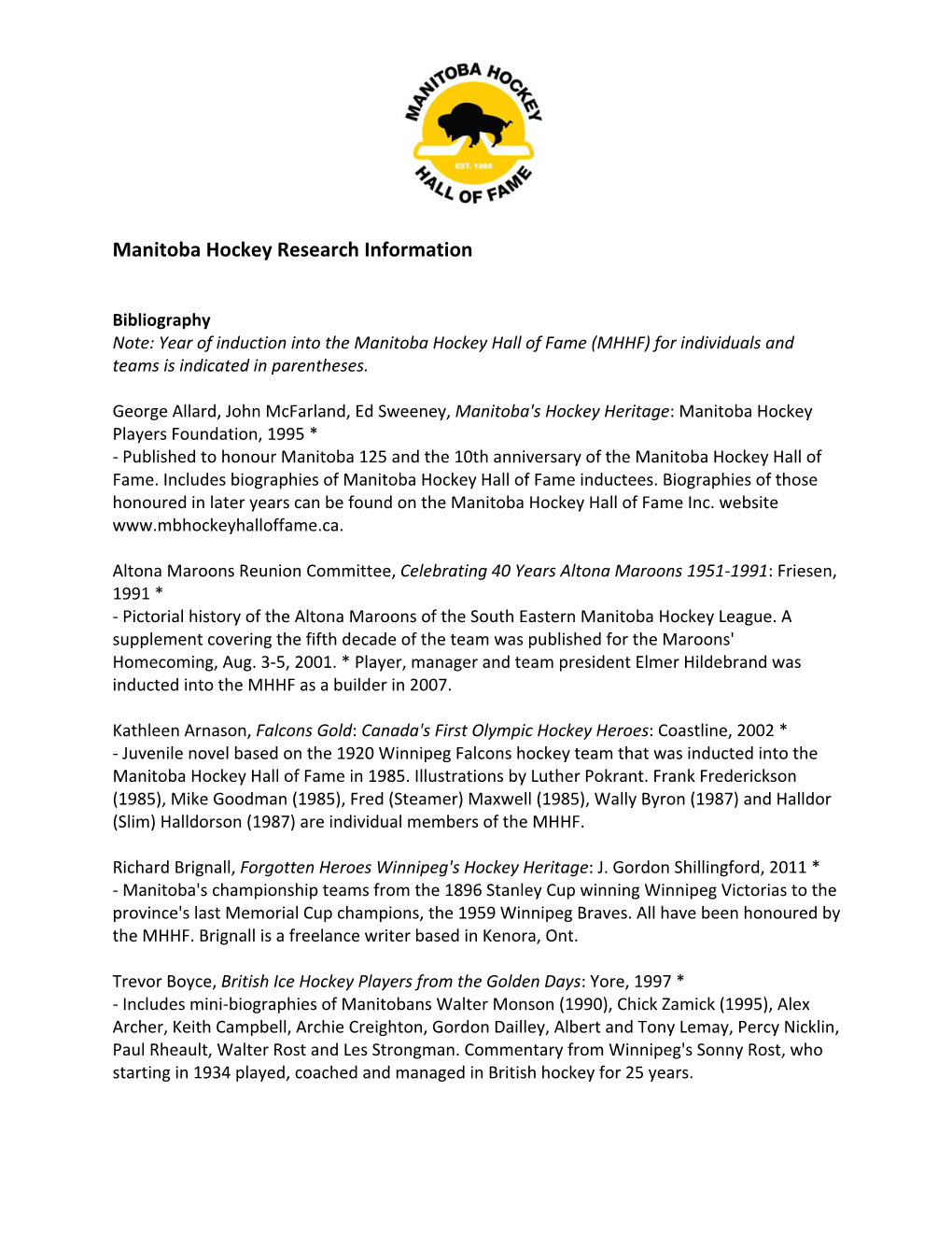 Manitoba Hockey History Bibliography