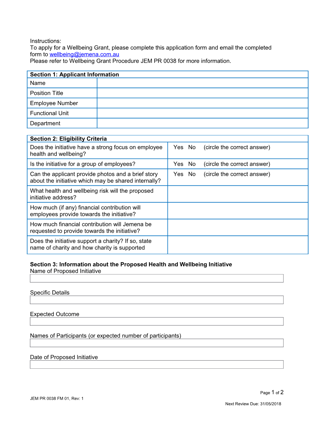 Wellbeing Grant Application Form