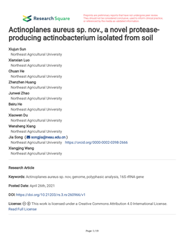 Actinoplanes Aureus Sp. Nov., a Novel Protease- Producing Actinobacterium Isolated from Soil