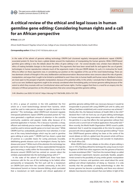 A Critical Review of the Ethical and Legal Issues in Human Germline Gene Editing: Considering Human Rights and a Call for an African Perspective