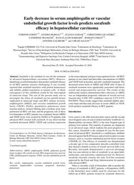 Early Decrease in Serum Amphiregulin Or Vascular Endothelial Growth Factor Levels Predicts Sorafenib Efficacy in Hepatocellular Carcinoma