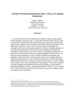 The Role of Production Relations in Marx's Theory of Capitalist Exploitation
