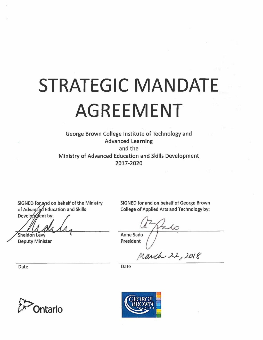 George Brown College Strategic Mandate Agreement 2017-2020