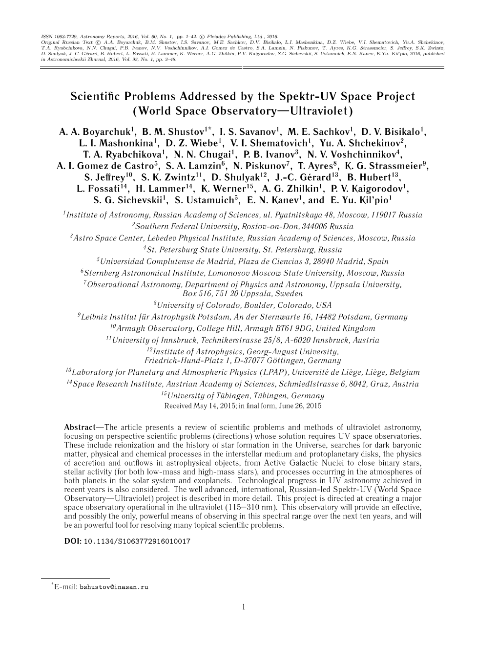 Scientific Problems Addressed by the Spektr-UV Space Project (World Space Observatory—Ultraviolet)