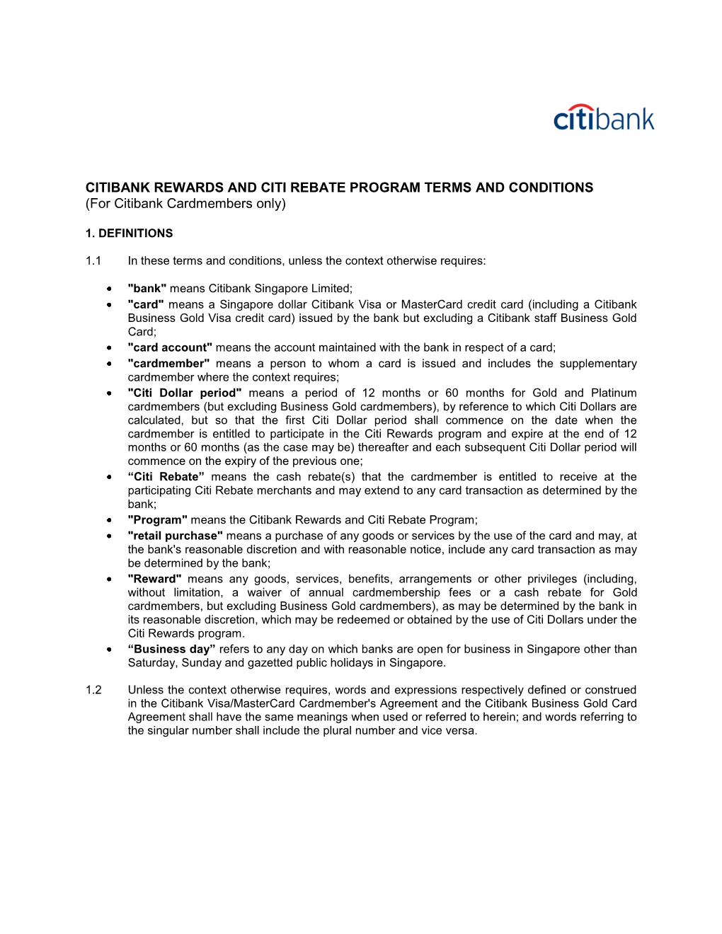 CITIBANK REWARDS and CITI REBATE PROGRAM TERMS and CONDITIONS (For Citibank Cardmembers Only)