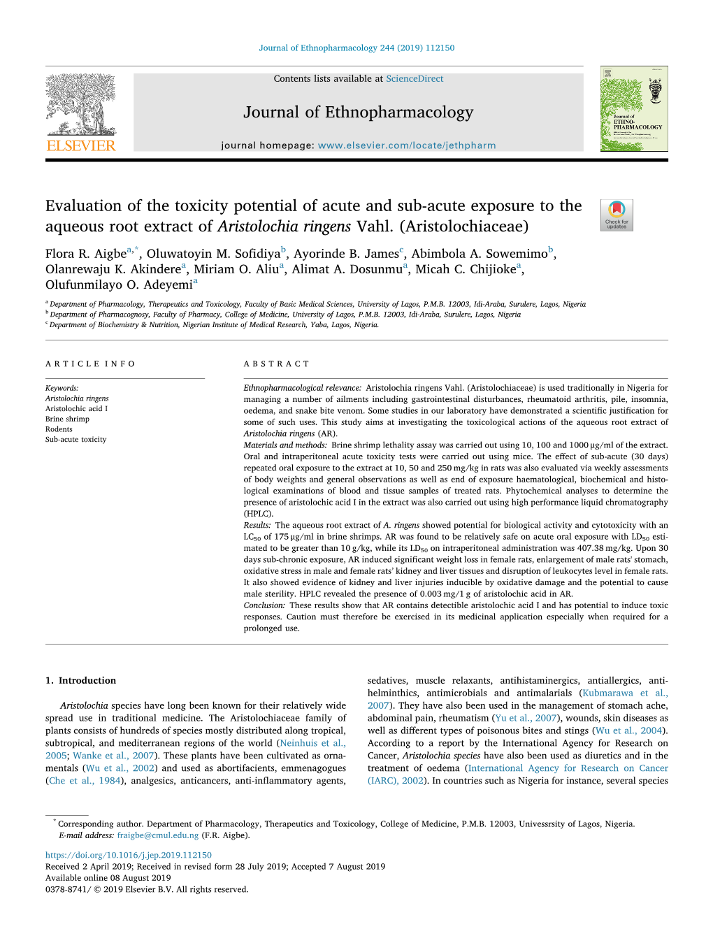 Evaluation of the Toxicity Potential of Acute and Sub-Acute Exposure to the Aqueous Root Extract of Aristolochia Ringens Vahl