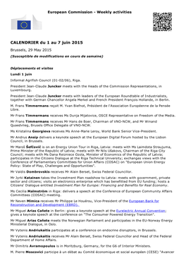 CALENDRIER Du 1 Au 7 Juin 2015 Brussels, 29 May 2015 (Susceptible De Modifications En Cours De Semaine)