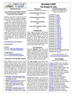 The Gospel of Luke Overview of Luke Resources November Reading Plan (Underlined Text Is Linked to Online Resources.) on Sundays, Take a Break Or Catch Up