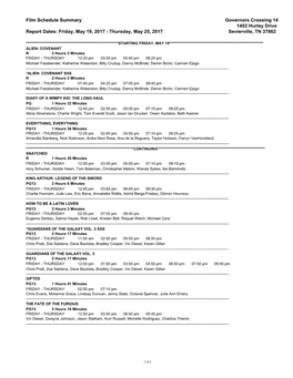 Film Schedule Summary Governors Crossing 14 1402 Hurley Drive Report Dates: Friday, May 19, 2017 - Thursday, May 25, 2017 Sevierville, TN 37862