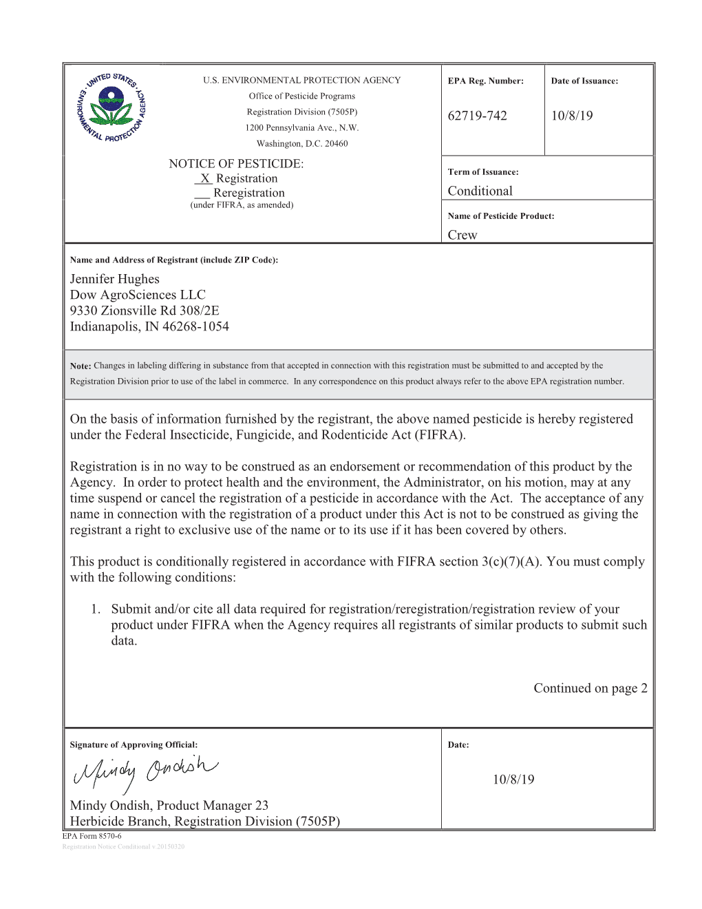 US EPA, Pesticide Product Label, Crew,10/08/2019