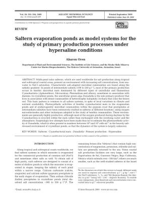 Saltern Evaporation Ponds As Model Systems for the Study of Primary Production Processes Under Hypersaline Conditions