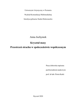 Anna Jochymek Kryształ Masy Przestrzeń Strachu W Społeczeństwie Współczesnym