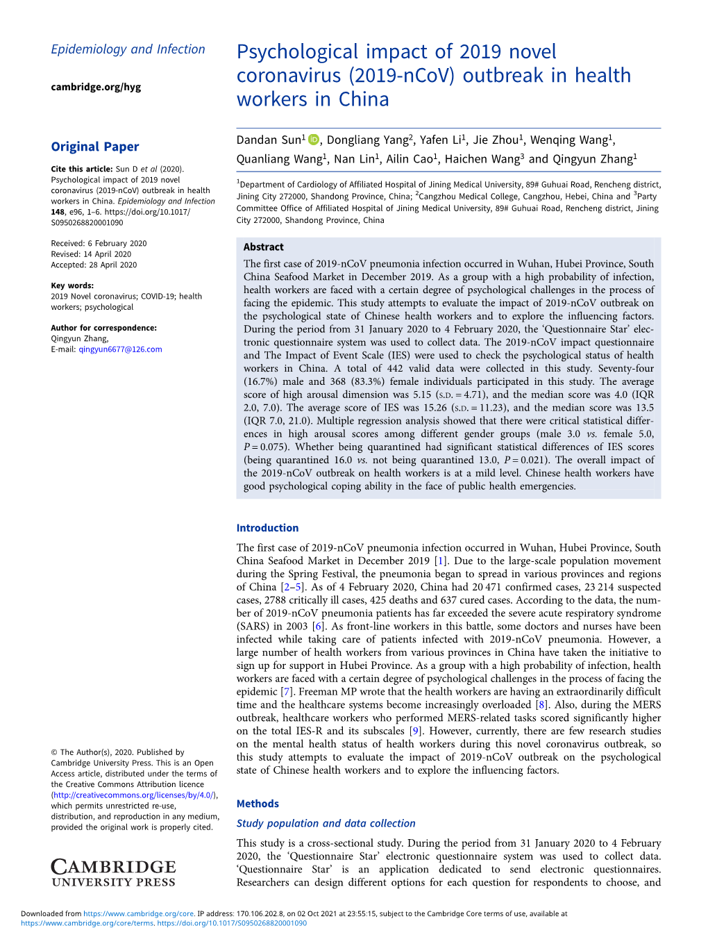 Psychological Impact of 2019 Novel Coronavirus (2019-Ncov) Outbreak in Health Workers in China