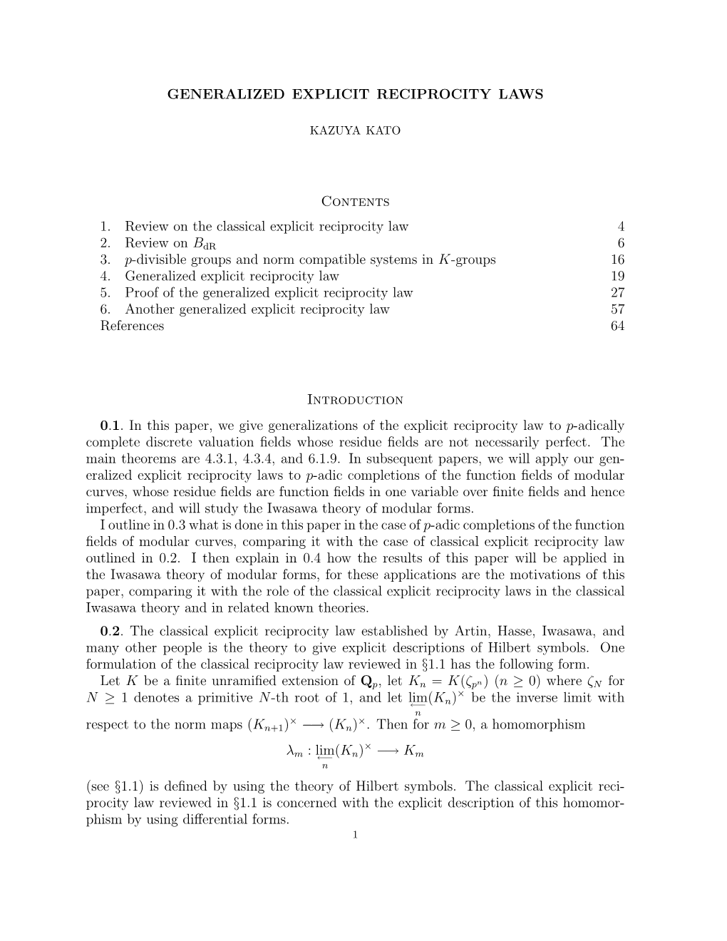 GENERALIZED EXPLICIT RECIPROCITY LAWS Contents 1