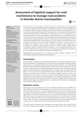 Assessment of Logistical Support for Road Maintenance to Manage Road Accidents in Vhembe District Municipalities