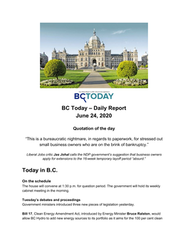 Daily Report June 24, 2020 Today in BC