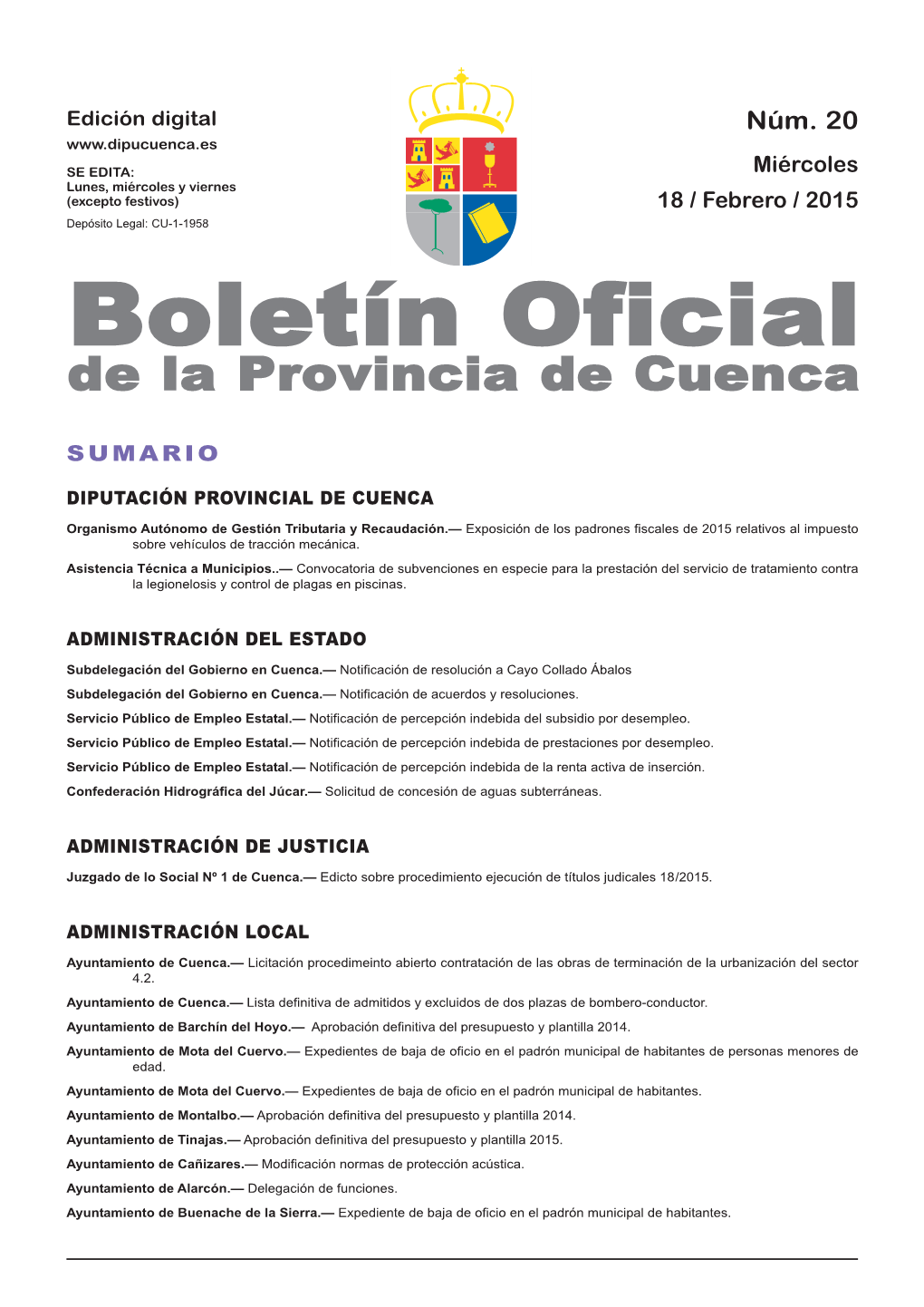 Boletín Oficial De La Provincia De Cuenca Sumario Diputación Provincial De Cuenca