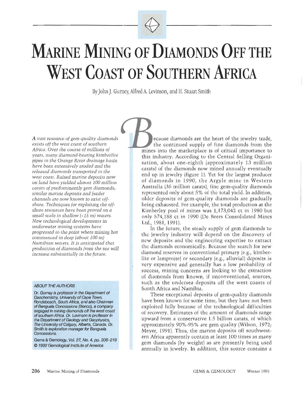 Marine Mining of Dimonds Off the West Coast of Southern Africa