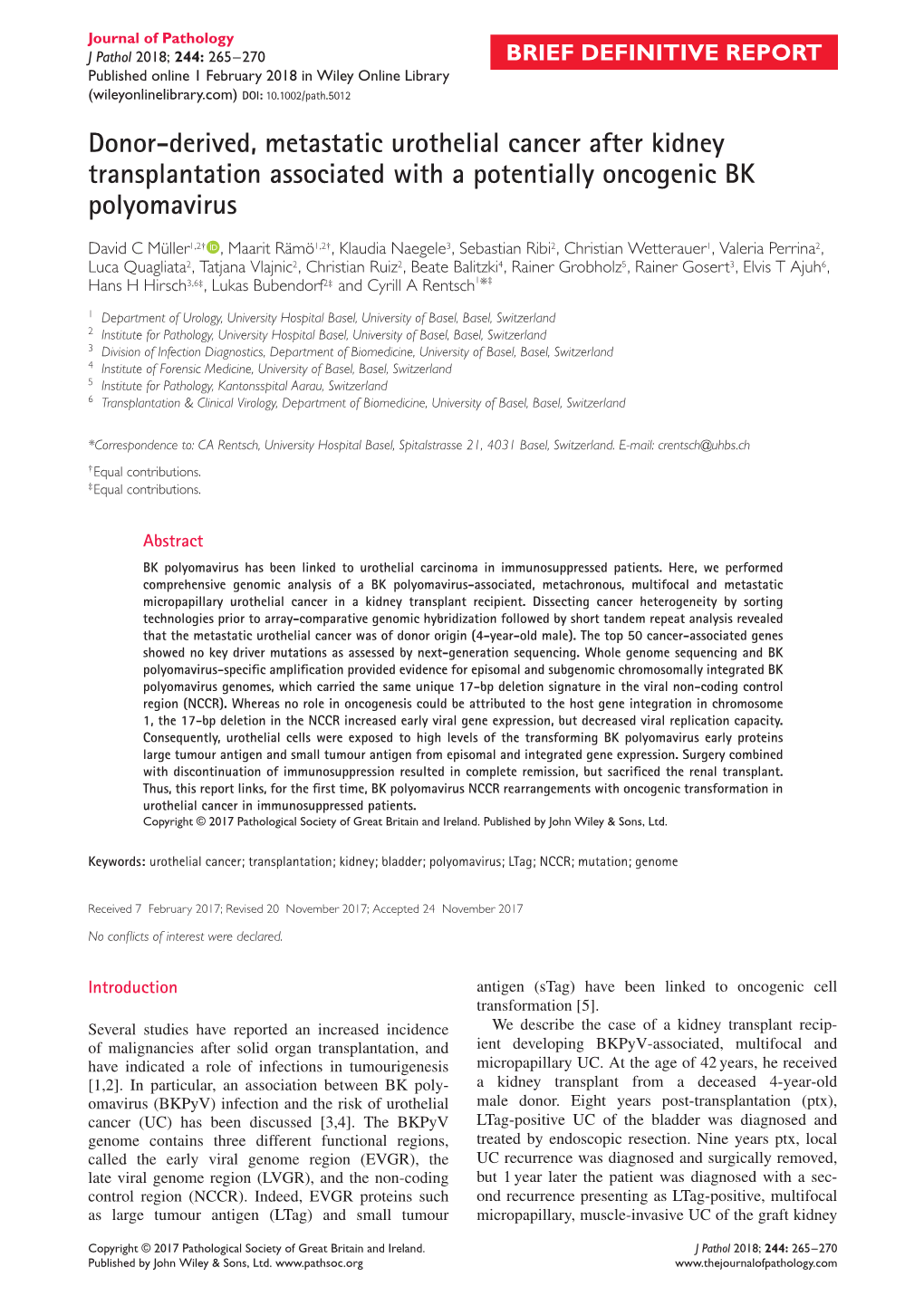 Donor‐Derived, Metastatic Urothelial Cancer After Kidney Transplantation Associated with a Potentially Oncogenic BK Polyomavir