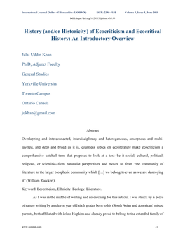 Of Ecocriticism and Ecocritical History: an Introductory Overview