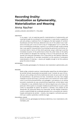 Recording Orality: Vocalization As Ephemerality, Materialization and Meaning Anna Nacher