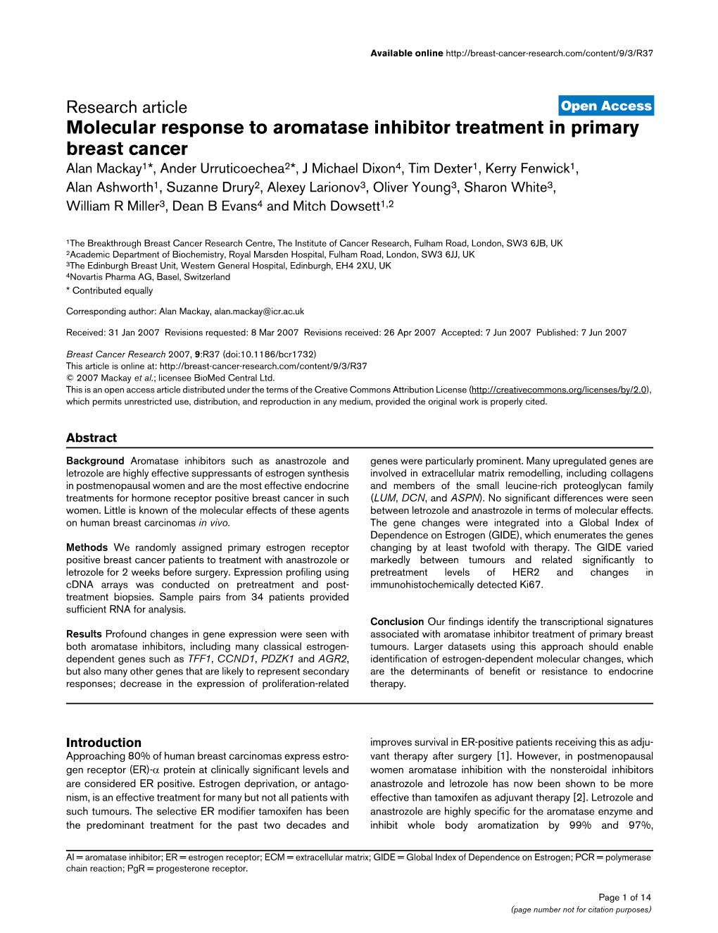 Molecular Response to Aromatase Inhibitor Treatment in Primary Breast