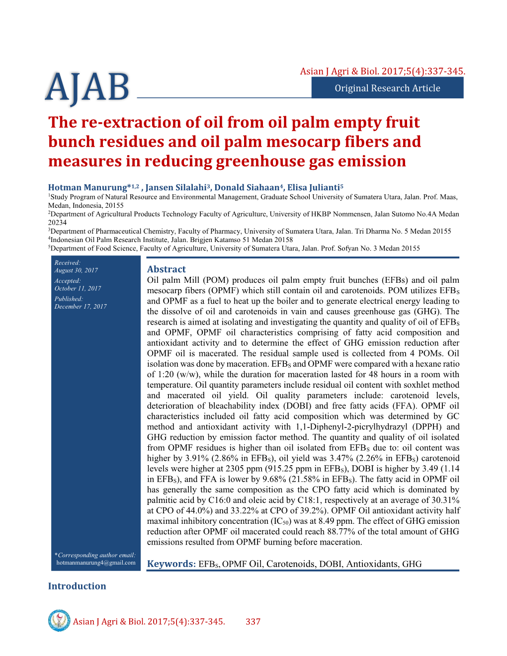 The Re-Extraction of Oil from Oil Palm Empty Fruit Bunch Residues and Oil Palm Mesocarp Fibers and Measures in Reducing Greenhouse Gas Emission