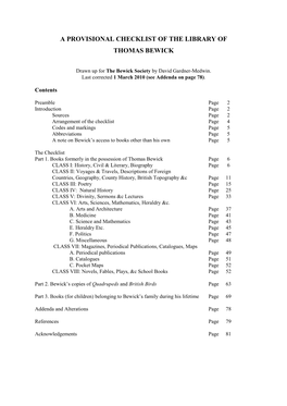 A Provisional Checklist of the Library of Thomas Bewick