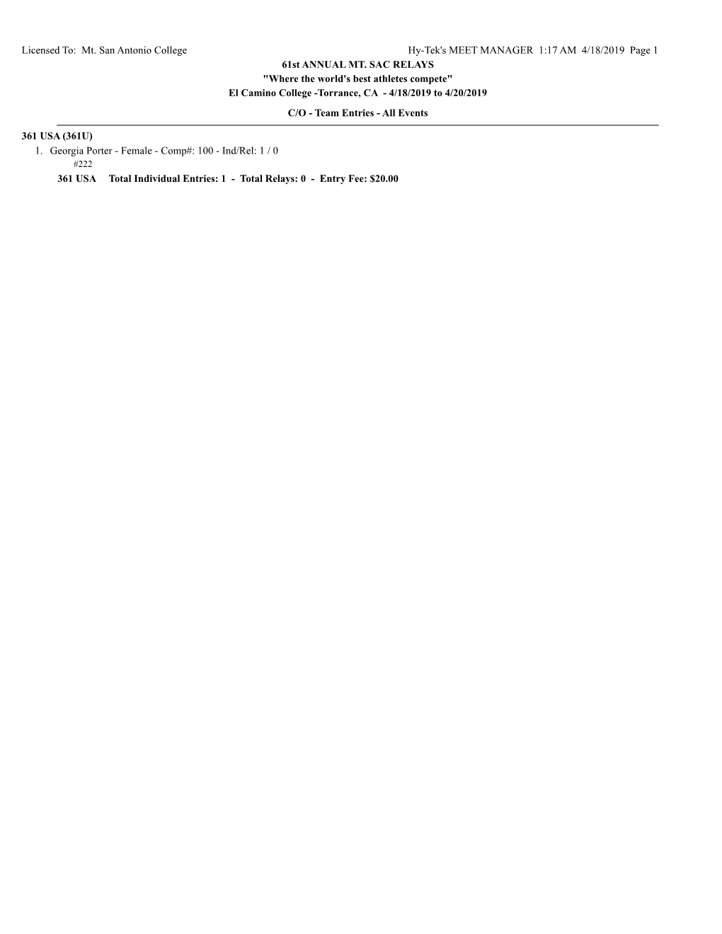 Licensed To: Mt. San Antonio College Hy-Tek's MEET MANAGER 1:17 AM 4/18/2019 Page 1 61St ANNUAL MT