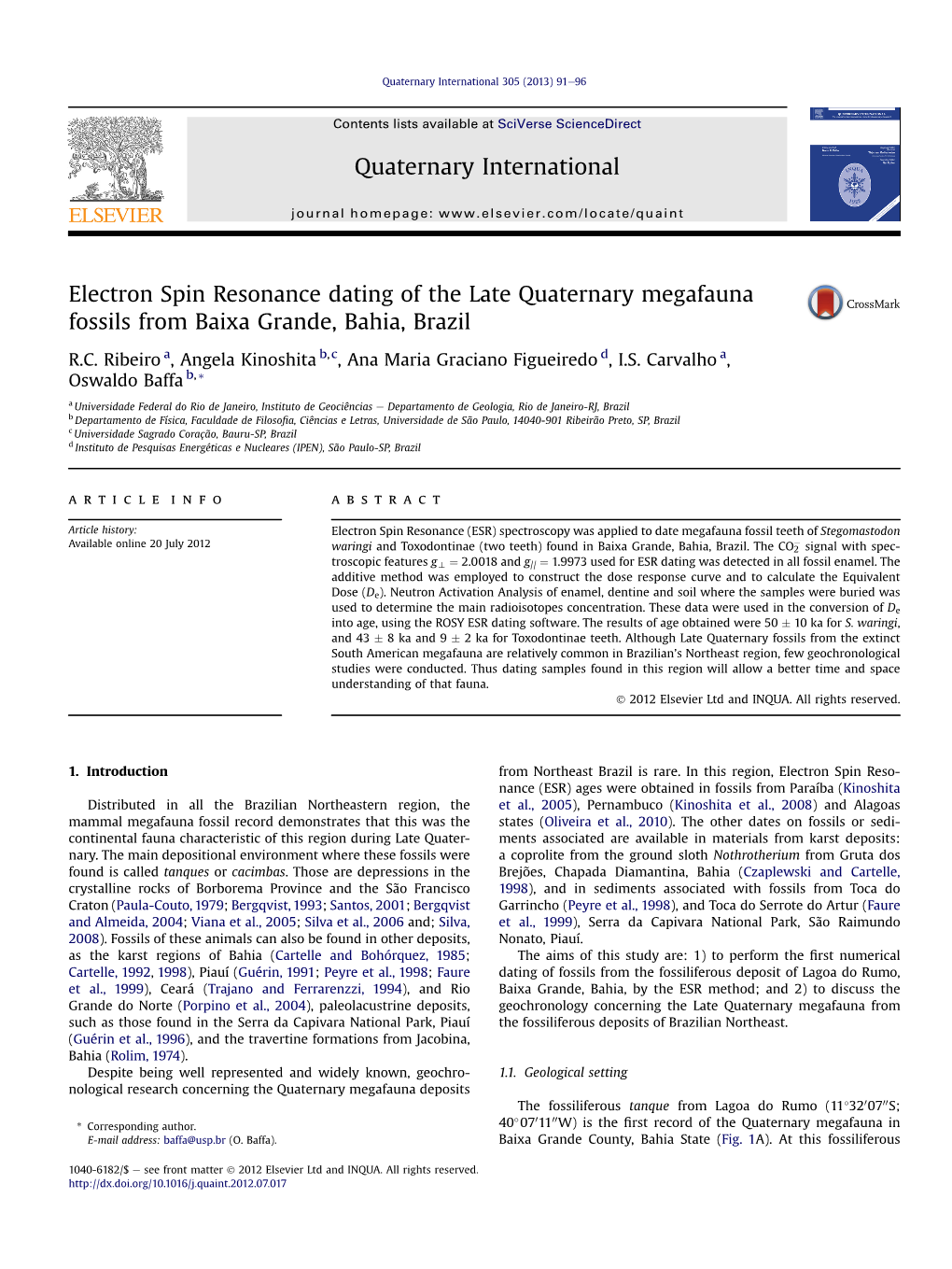 Electron Spin Resonance Dating of the Late Quaternary Megafauna Fossils from Baixa Grande, Bahia, Brazil