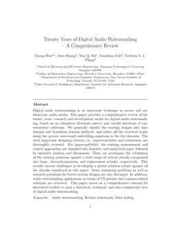 Twenty Years of Digital Audio Watermarking – a Comprehensive Review