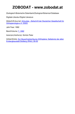 Der Alten Erzbergbaustadt Stolberg (Rhld.) 39-50 Deutschen Gesellschaft Für Orthopterologie E.V.; Download