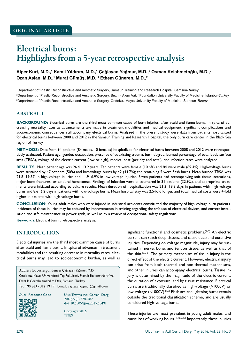 Electrical Burns: Highlights from a 5-Year Retrospective Analysis