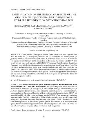 Identification of Three Iranian Species of the Genus Rattus (Rodentia, Muridae) Using a Pcr-Rflp Technique on Mitochondrial Dna