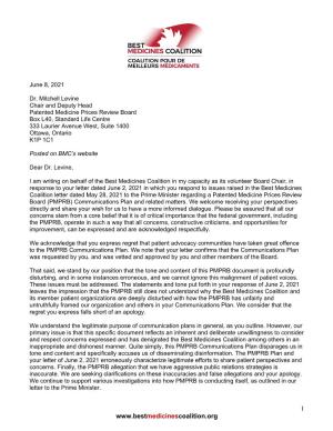 Letter Responding to PMPRB Board Chair
