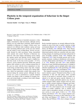 Plasticity in the Temporal Organization of Behaviour in the Limpet Cellana Grata