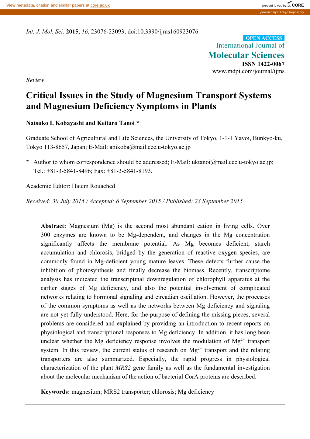 Critical Issues in the Study of Magnesium Transport Systems and Magnesium Deficiency Symptoms in Plants
