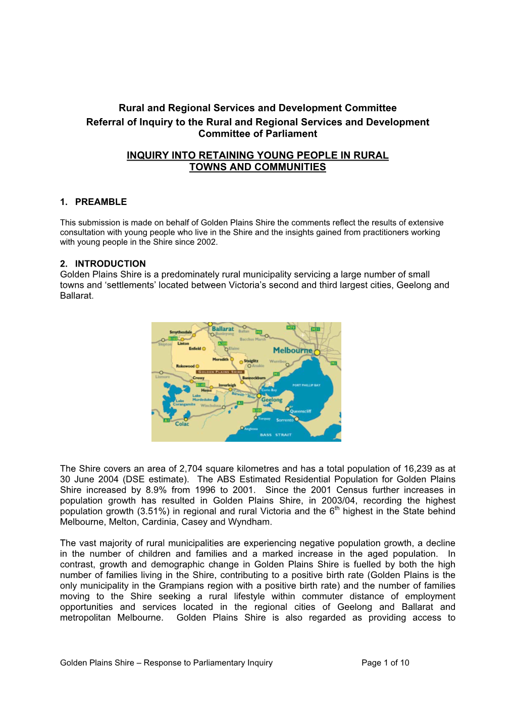 Rural and Regional Services and Development Committee Referral of Inquiry to the Rural and Regional Services and Development Committee of Parliament