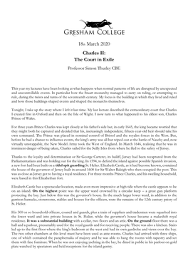 18Th March 2020 Charles II: the Court in Exile Professor Simon Thurley CBE