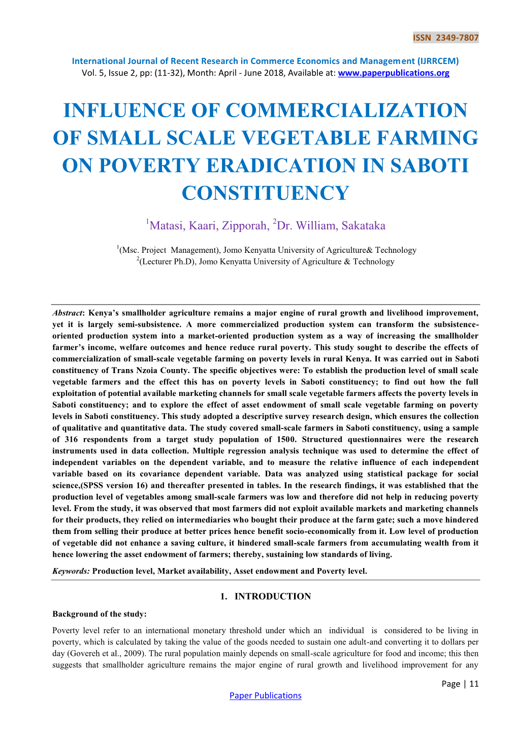 Influence of Commercialization of Small Scale Vegetable Farming on Poverty Eradication in Saboti Constituency