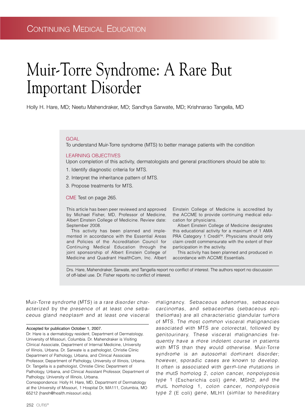 Muir-Torre Syndrome: a Rare but Important Disorder