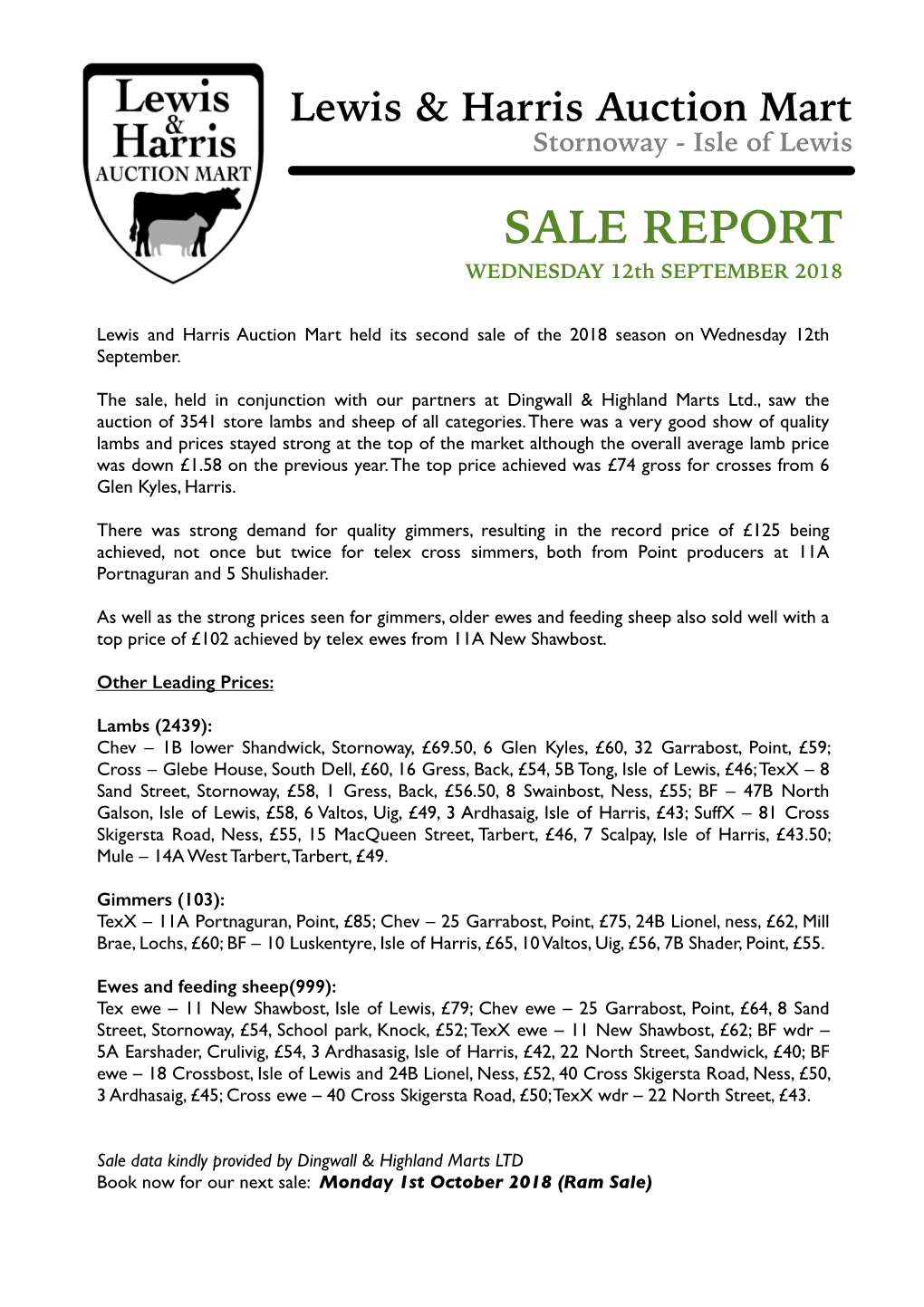 Sale Report 12Th Sep 18