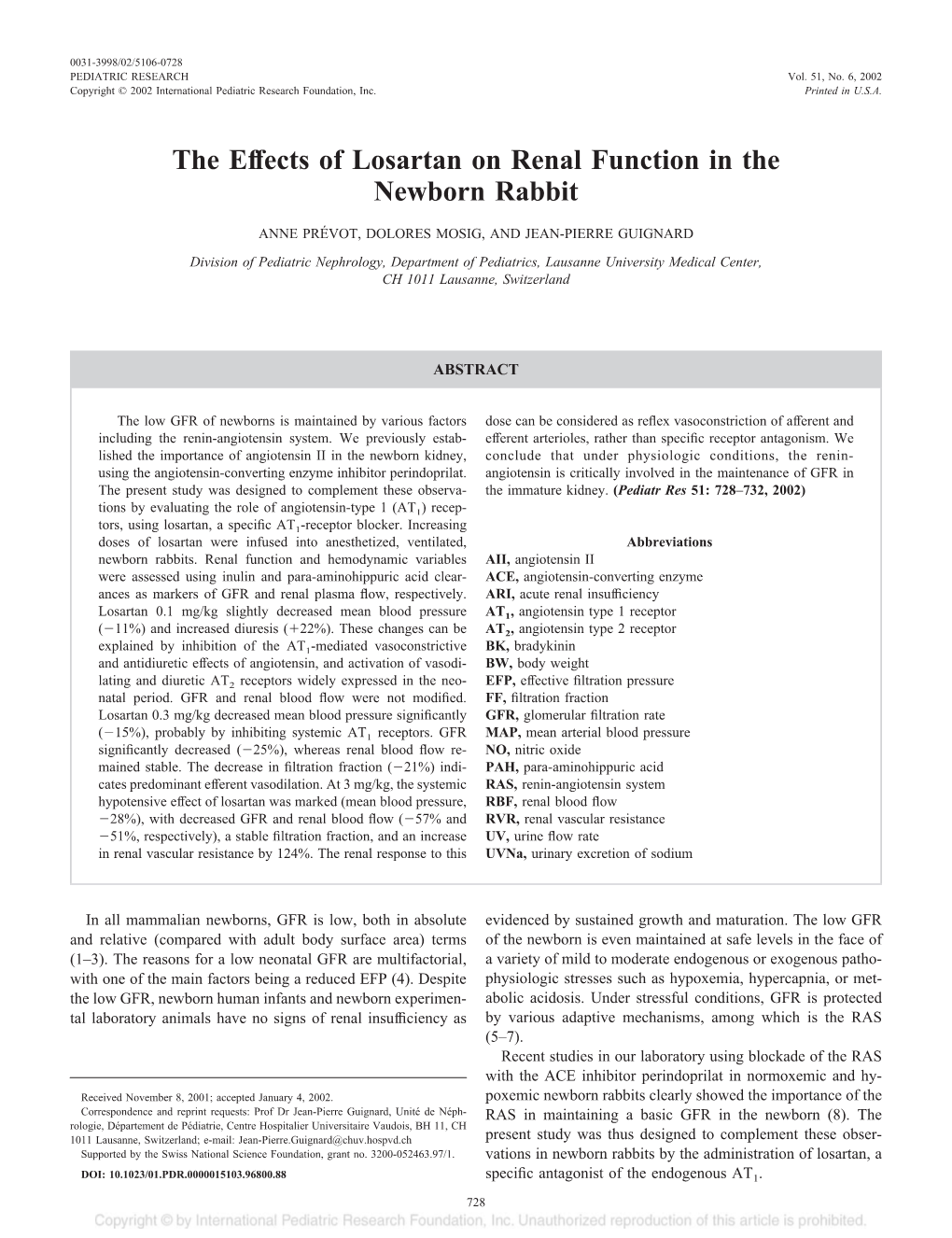 The Effects of Losartan on Renal Function in the Newborn Rabbit