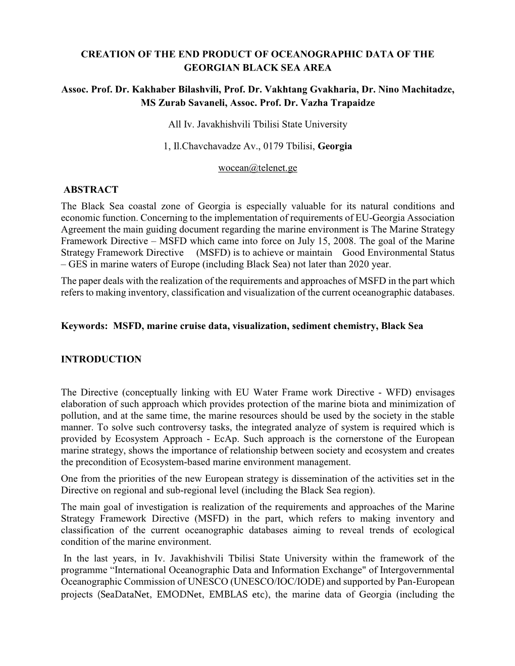 Creation of the End Product of Oceanographic Data of the Georgian Black Sea Area