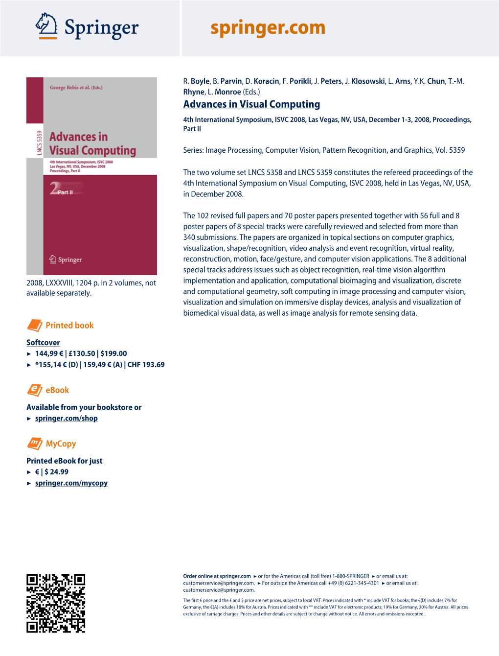 Advances in Visual Computing 4Th International Symposium, ISVC 2008, Las Vegas, NV, USA, December 1-3, 2008, Proceedings, Part II